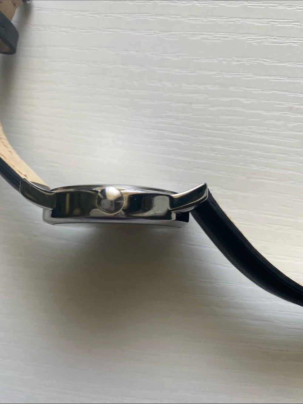 Timex Silver Case Watch with Black Leather Strap and White Dial